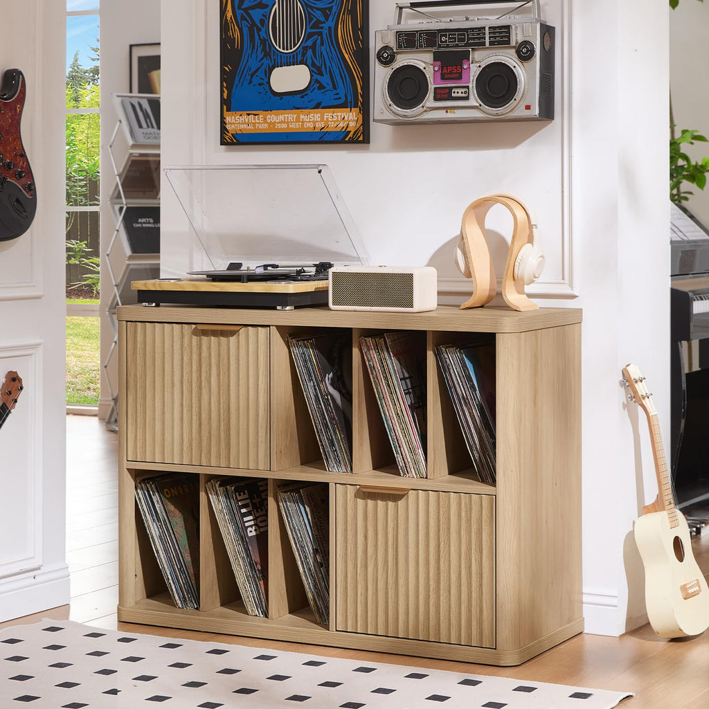 LEYAOYAO Large Record Player Stand with Vinyl Storage Up to 450 Albums, Wood Fluted Record Storage Accent Cabinet, Modern Stereo Media Cabinets, Wide Turntable Stand for Living Room, Antique White