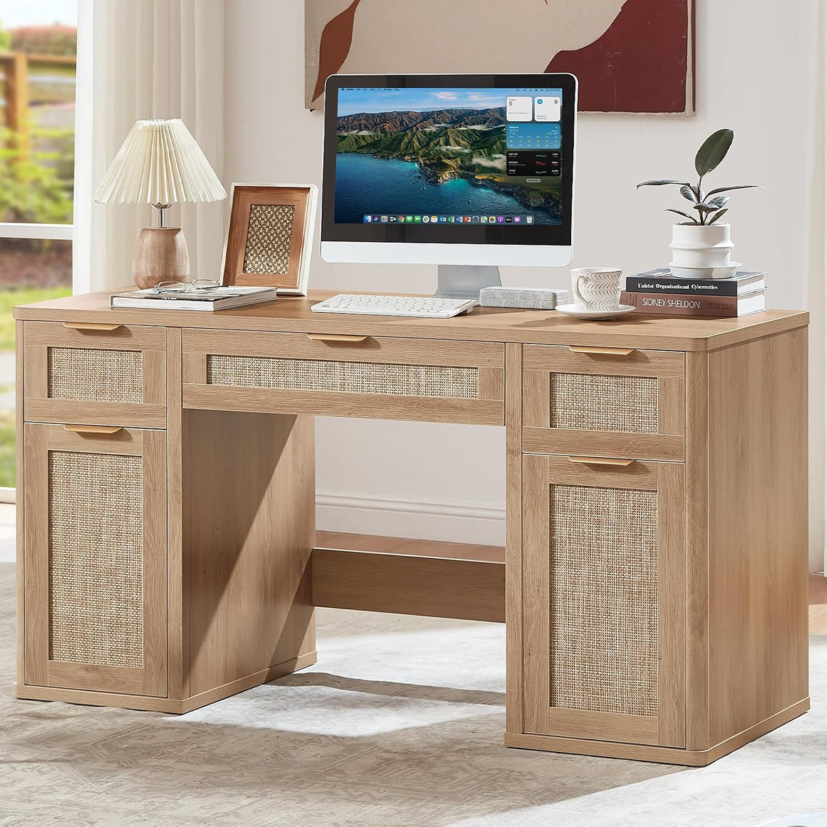LEYAOYAO Office Desk 56" with 5 Drawers Storage File Cabinet, Natural