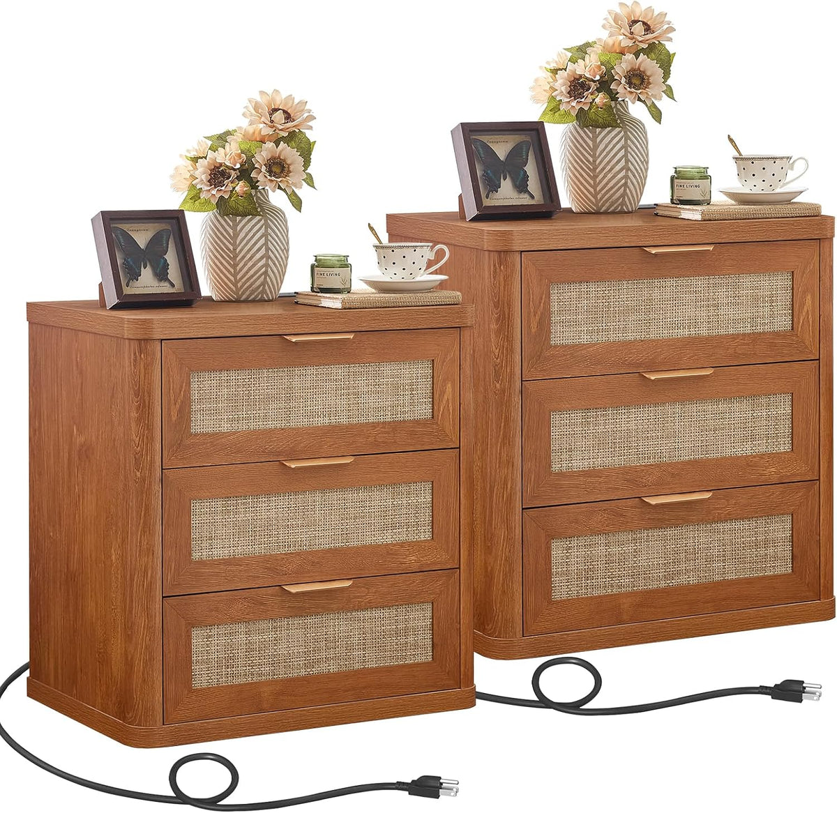 LEYAOYAO Rattan 23" Nightstands with Charger Station 2 Drawers