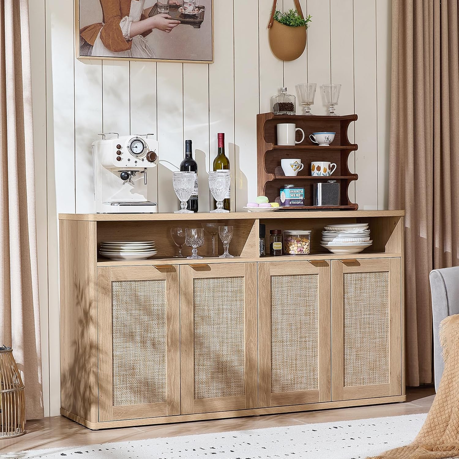 LEYAOYAO Rattan Sideboard Buffet Cabinet,55" Coffee Bar Cabinet with 4 Doors & Open Storage Shelf,Modern Credenza Console Table for Living Room Rattan Farmhouse entryway Natural
