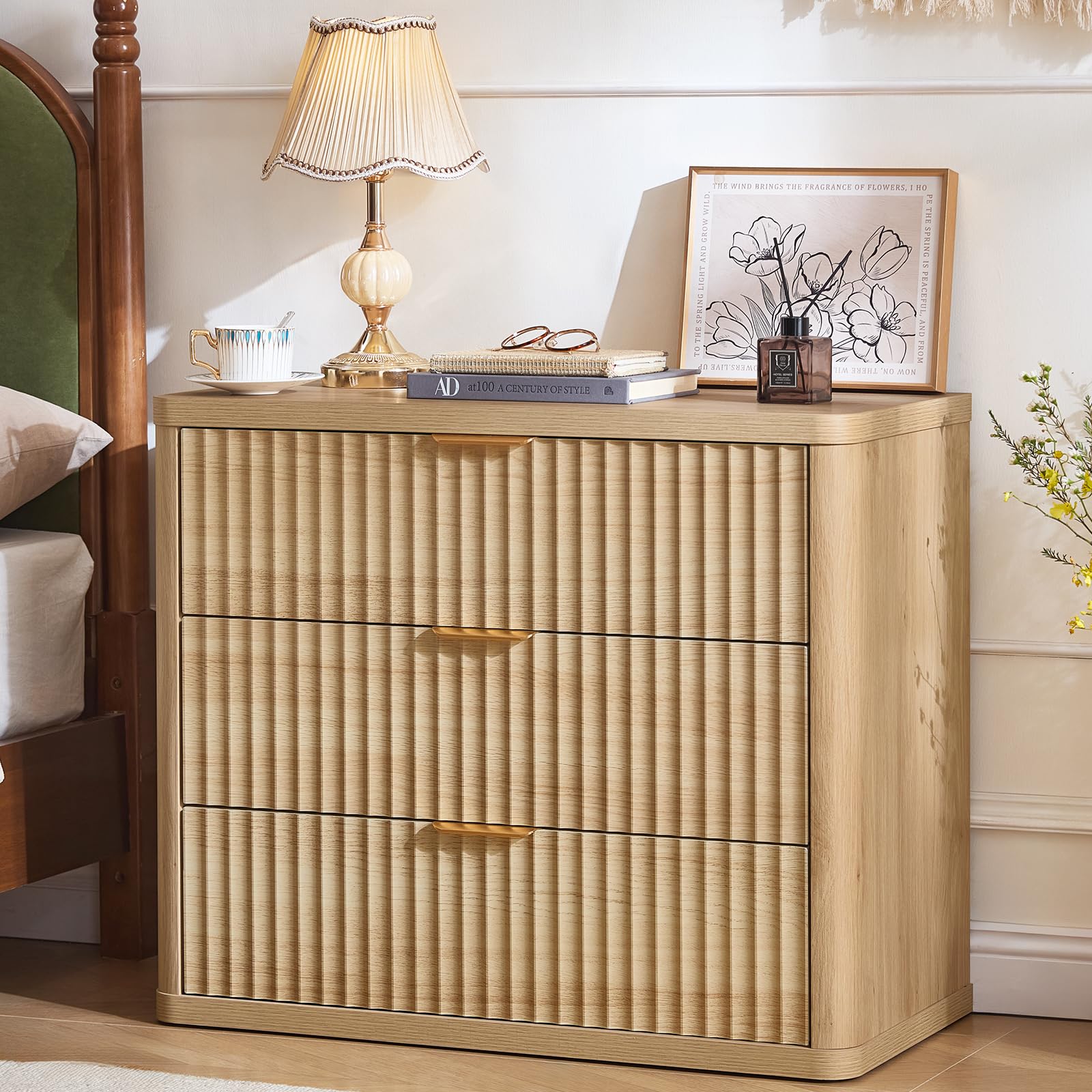 LEYAOYAO 31.5" Wide Fluted Nightstand, Oversized Night Stand, Antique White