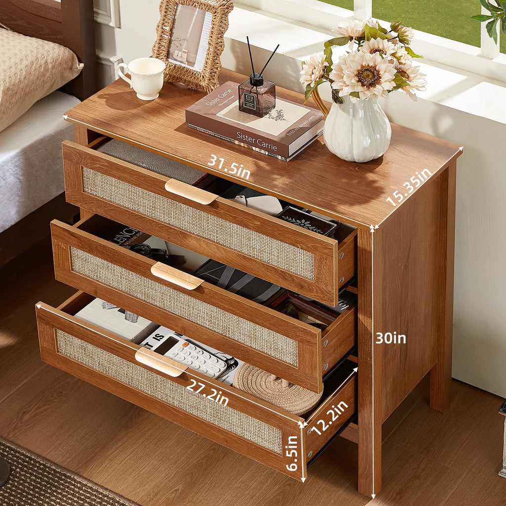 Lerliuo 31.5" Wide Rattan Nightstand,Oversized Large Boho Night Stand with 2 Drawers, 30" Tall Grey White Bedside Table with Storage Shelf, Bed Side End Tables for Bedroom, Living Room, Hallway