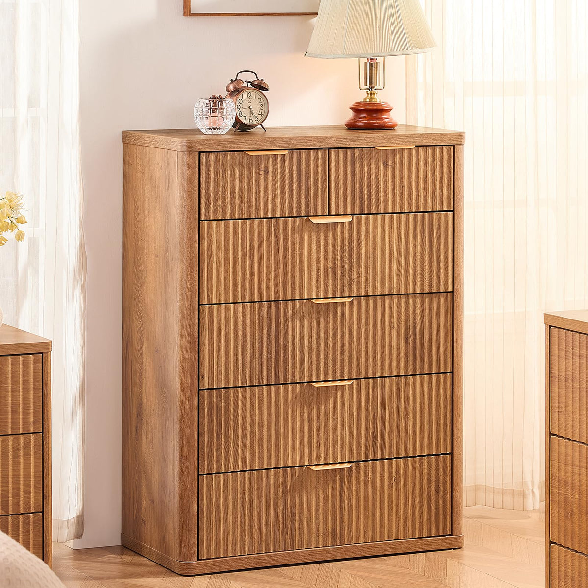 LEYAOYAO Fluted Dressers & Nightstand Set of 4, Wood 48" Wide Dresser & 42" Tall Chest of Drawers,Modern Bedroom Furniture Sets, Natural Wooden Nightstand Set of 2 with 3 Drawers & Charging Station