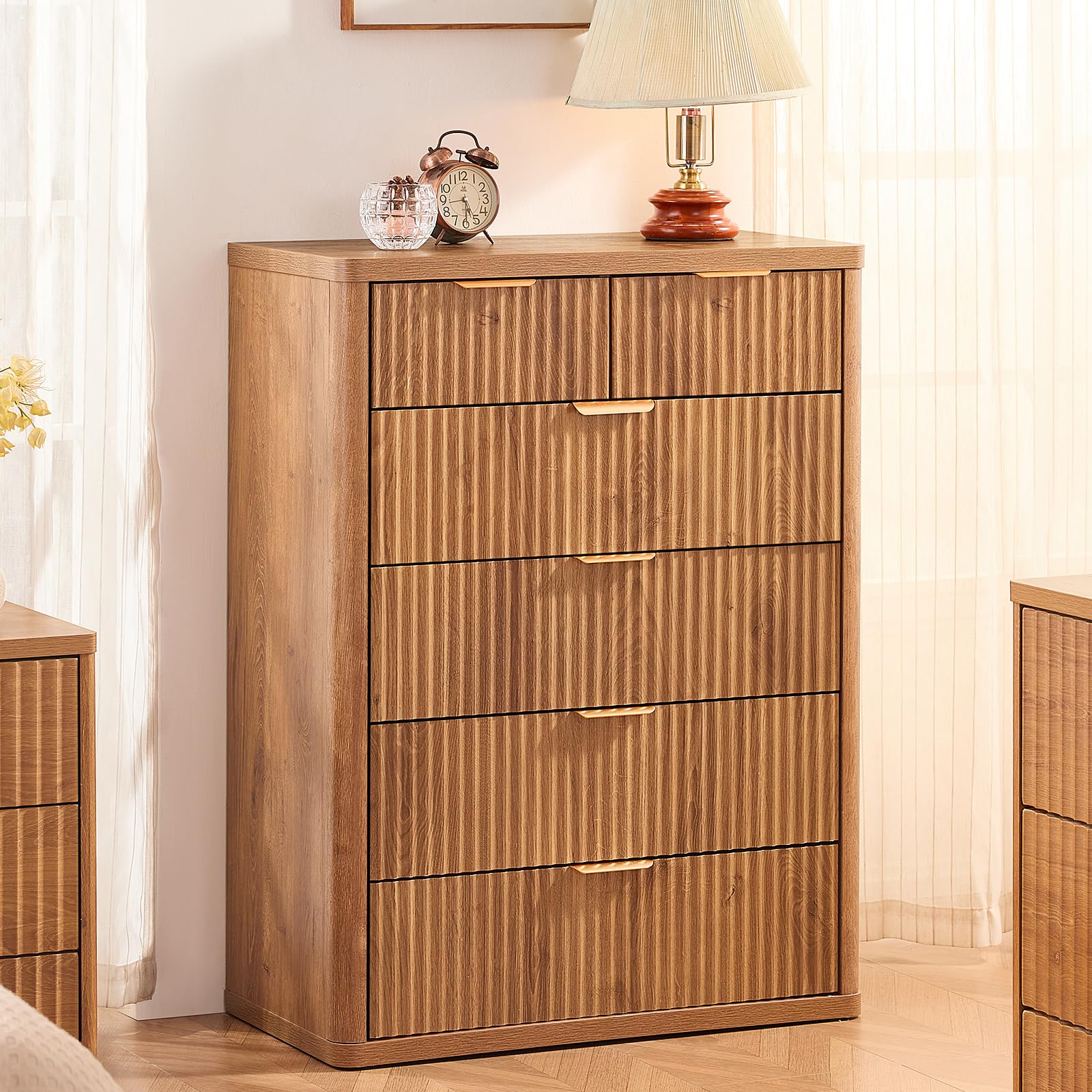 LEYAOYAO Fluted Dressers & Nightstand Set of 4, Wood 48" Wide Dresser & 42" Tall Chest of Drawers,Modern Bedroom Furniture Sets, Black Wooden Nightstand Set of 2 with 2 Drawers & Charging Station