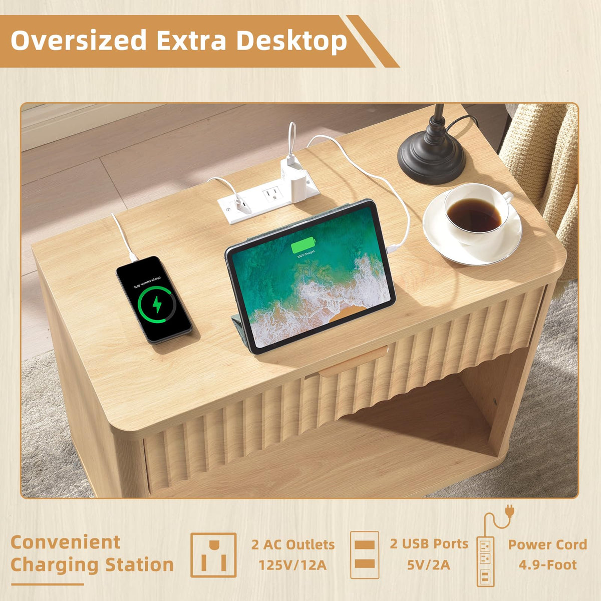 LEYAOYAO 31" Wide Fluted Nightstand with Charging Station, Oversized Extra Large 1 Drawer Night Stand with Golden Handle, Antique White Bedside Table Tall End Tables,for Bedroom, Living Room, Hallway