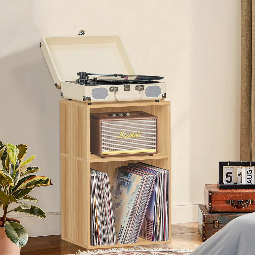 LEYAOYAO 2 Cube Bookshelf,Natural Record Player Stand Holds up to 100 Albums, Mini Wood Book Shelf Storage Organizer,Turntable Stand with Vinyl Storage Cabinet, Narrow Open Bookcase for Small Spaces