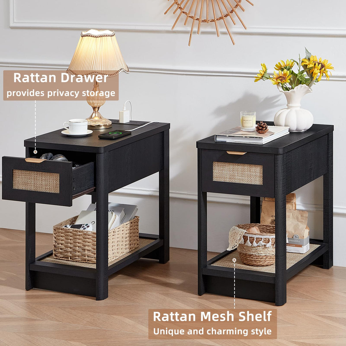 Lerliuo 24 x 14'' Narrow Night Stand Set 2 with Charger USB Ports