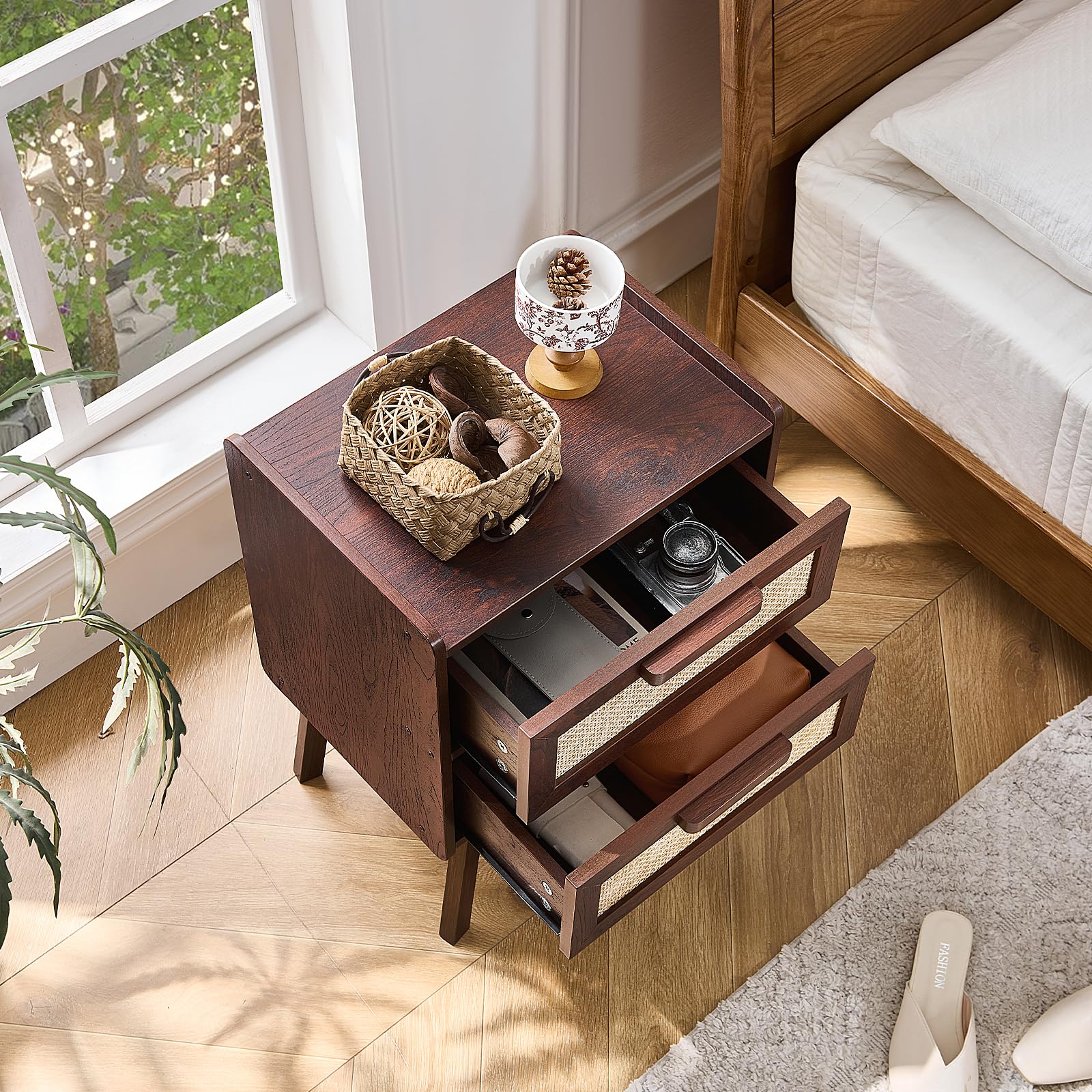 Lerliuo Rattan Nightstands Set of 2 for Bedroom, 2 Drawers