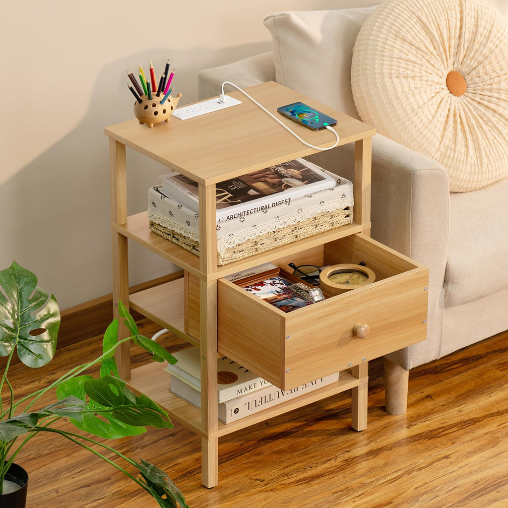 Lerliuo Nightstand with Charging Station and USB Ports, 3-Tier Storage End Table with Drawer Shelf, Night Stand for Small Spaces, Wood Bedside Table for Living Room, Bedroom - Retro Brown…