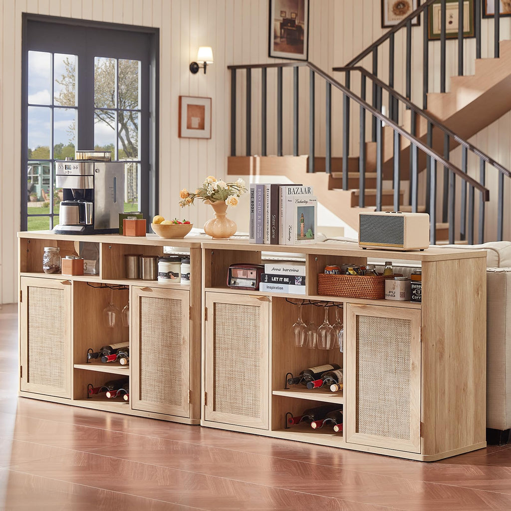 Lerliuo Rattan Wine Bar Cabinet with 2 Doors, Walnut