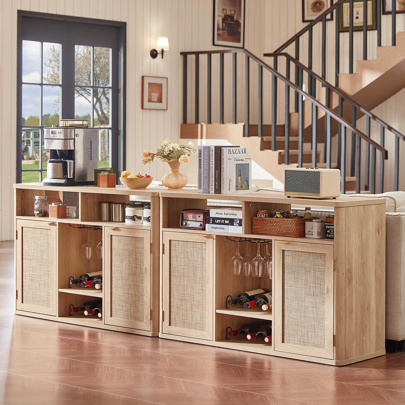 Lerliuo Rattan Wine Bar Cabinet with 2 Doors, Walnut