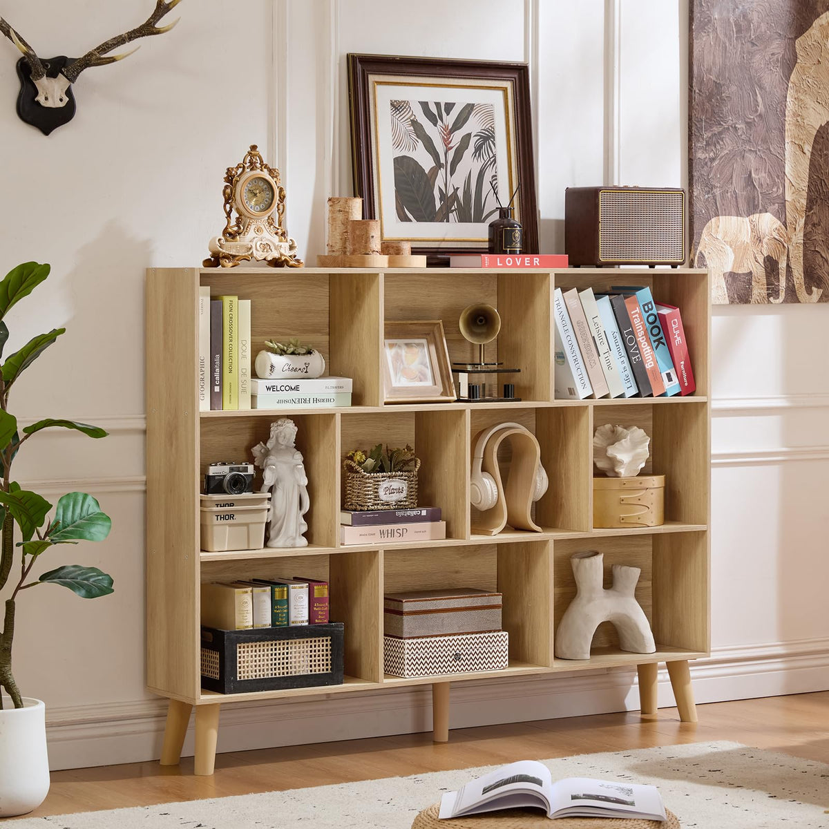 LEYAOYAO Cube Bookshelf, Mid-Century Modern Book Shelf with Legs, Brown