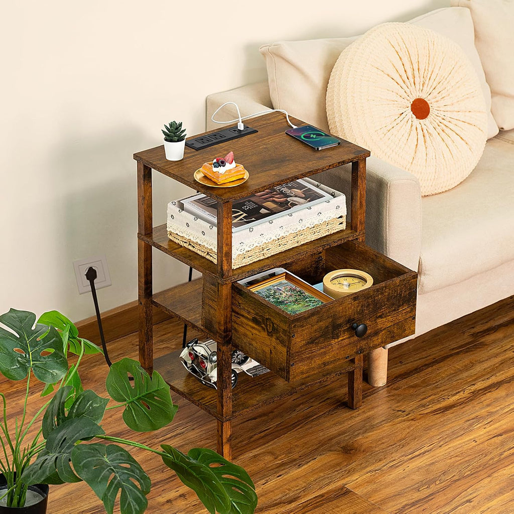 Lerliuo Nightstand with Charging Station and USB Ports, 3-Tier Storage End Table with Drawer Shelf, Night Stand for Small Spaces, Wood Bedside Table for Living Room, Bedroom - Retro Brown…