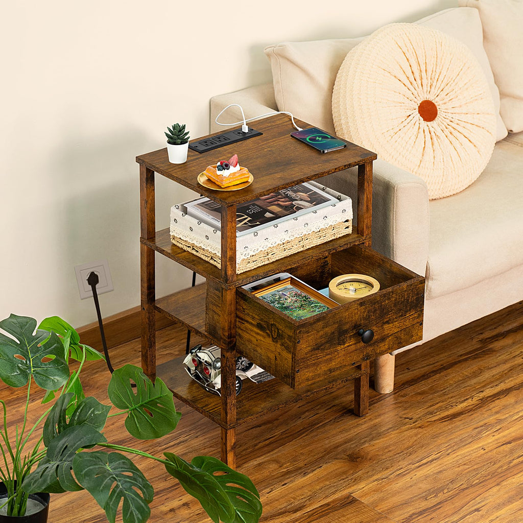 Lerliuo Nightstand with Charging Station and USB Ports, 3-Tier Storage End Table with Drawer Shelf, Night Stand for Small Spaces, Wood Bedside Table for Living Room, Bedroom - Retro Brown…