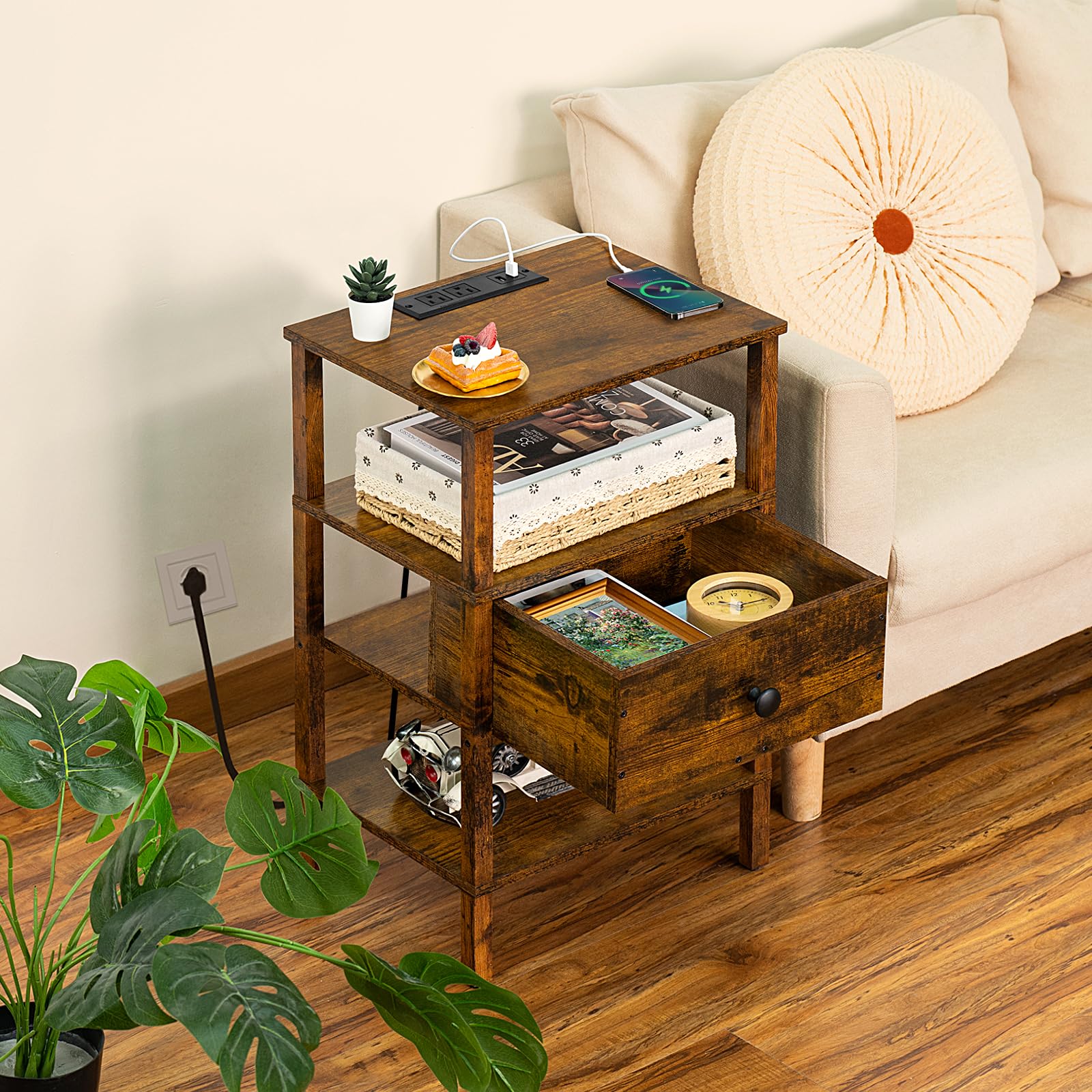 Lerliuo Nightstand with Charging Station and USB Ports, 3-Tier Storage End Table with Drawer Shelf, Night Stand for Small Spaces, Wood Bedside Table for Living Room, Bedroom - Retro Brown…