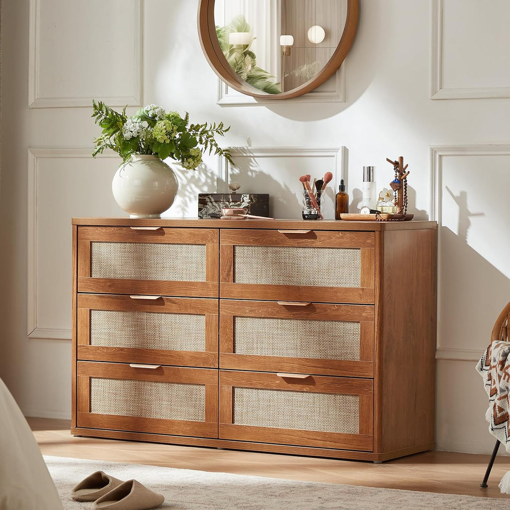 LEYAOYAO Rattan 6 Drawer Dresser for Bedroom, Boho 48" Wide Wooden Dark Dresser Chest of Drawers, Dressers TV Stand with Metal Handle, Storage Dressers Closet Organizer for Living Room, Hallway