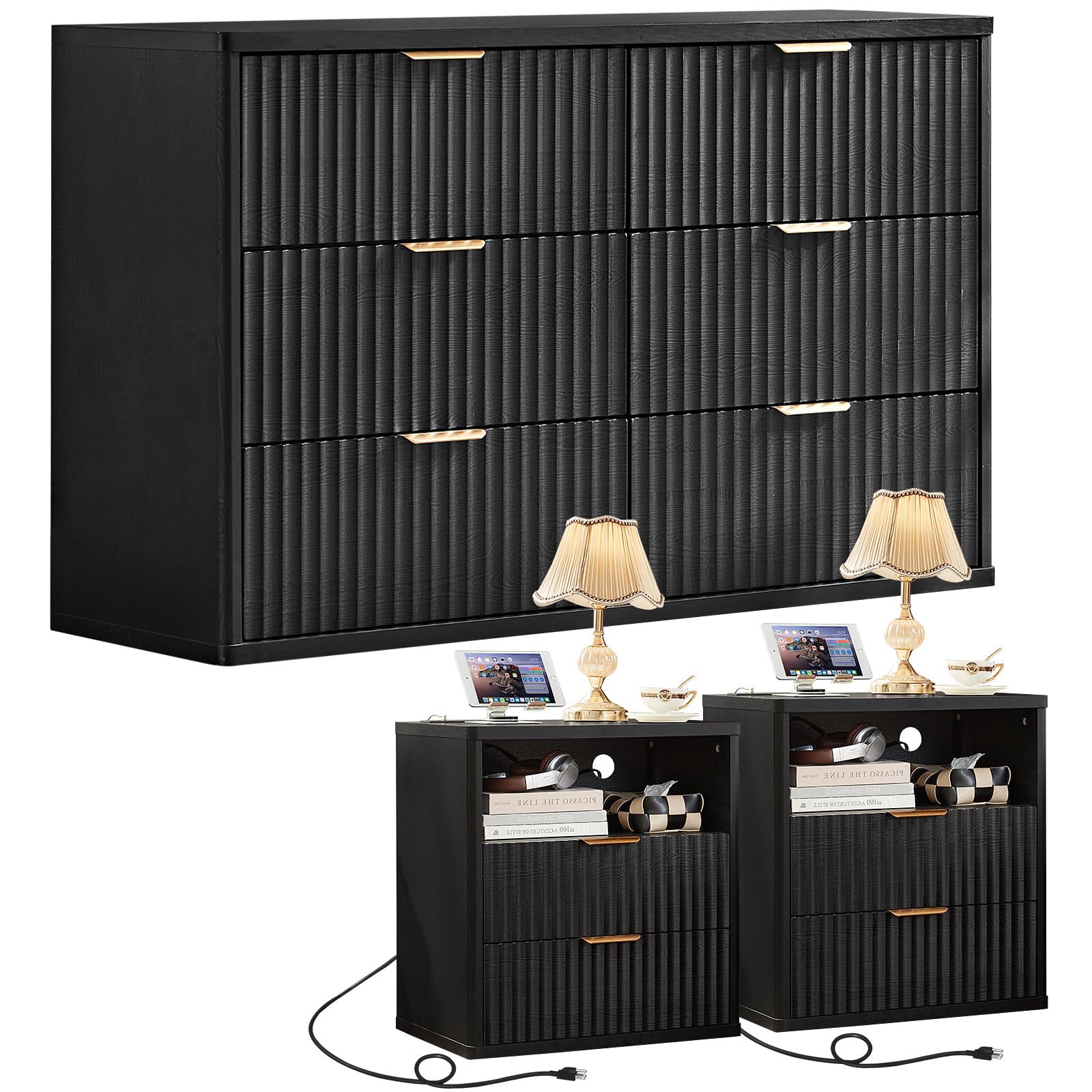LEYAOYAO Fluted Dressers & Nightstand Set of 4, Wood 48" Wide Dresser & 42" Tall Chest of Drawers,Modern Bedroom Furniture Sets, Black Wooden Nightstand Set of 2 with 2 Drawers & Charging Station