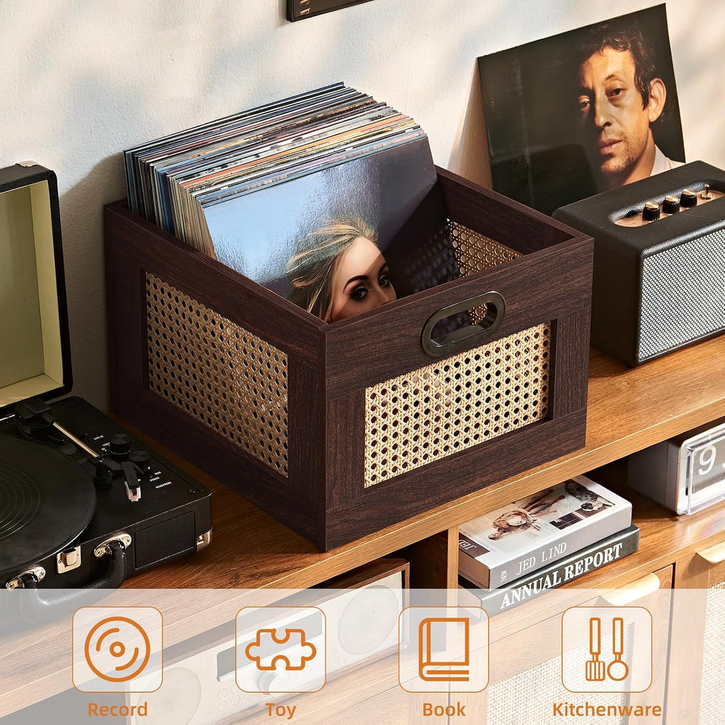 LEYAOYAO Vinyl Record Storage, Rattan Record Crate for Vinyl Albums Holder