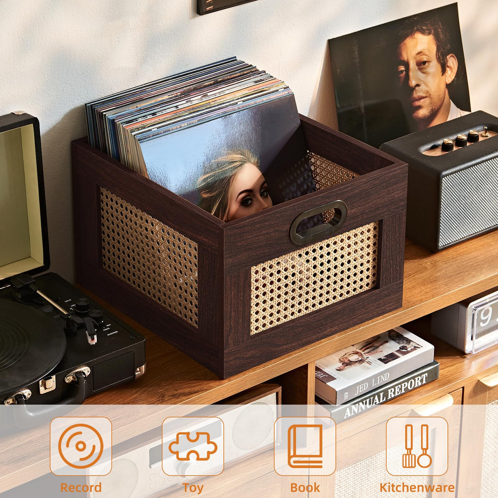 LEYAOYAO Vinyl Record Storage, Rattan Record Crate for Vinyl Albums Holder