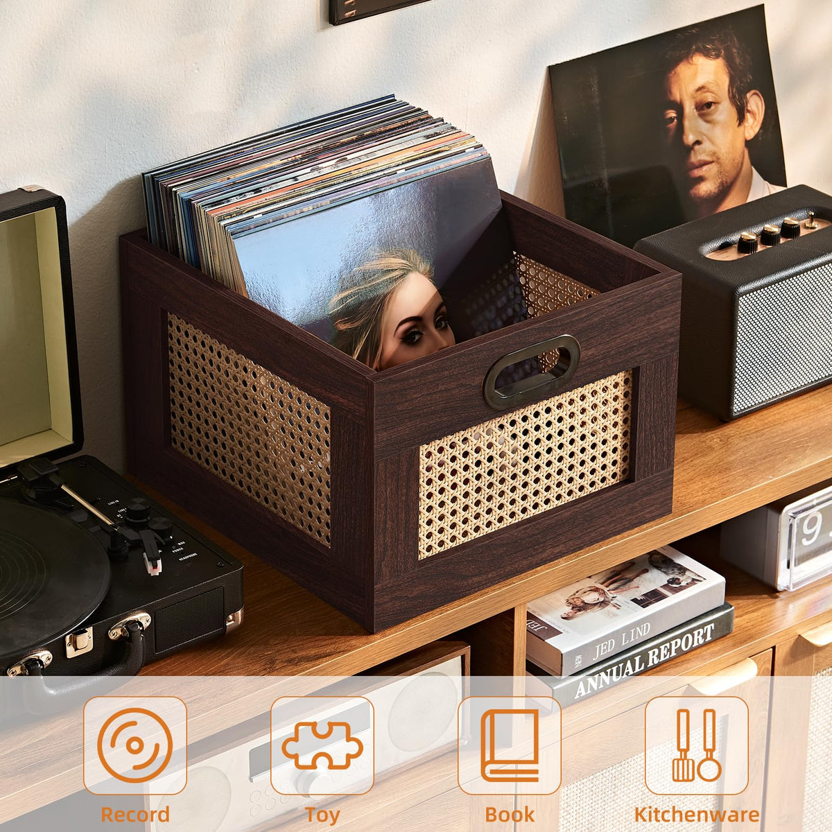 LEYAOYAO Vinyl Record Storage, Rattan Record Crate for Vinyl Albums Holder