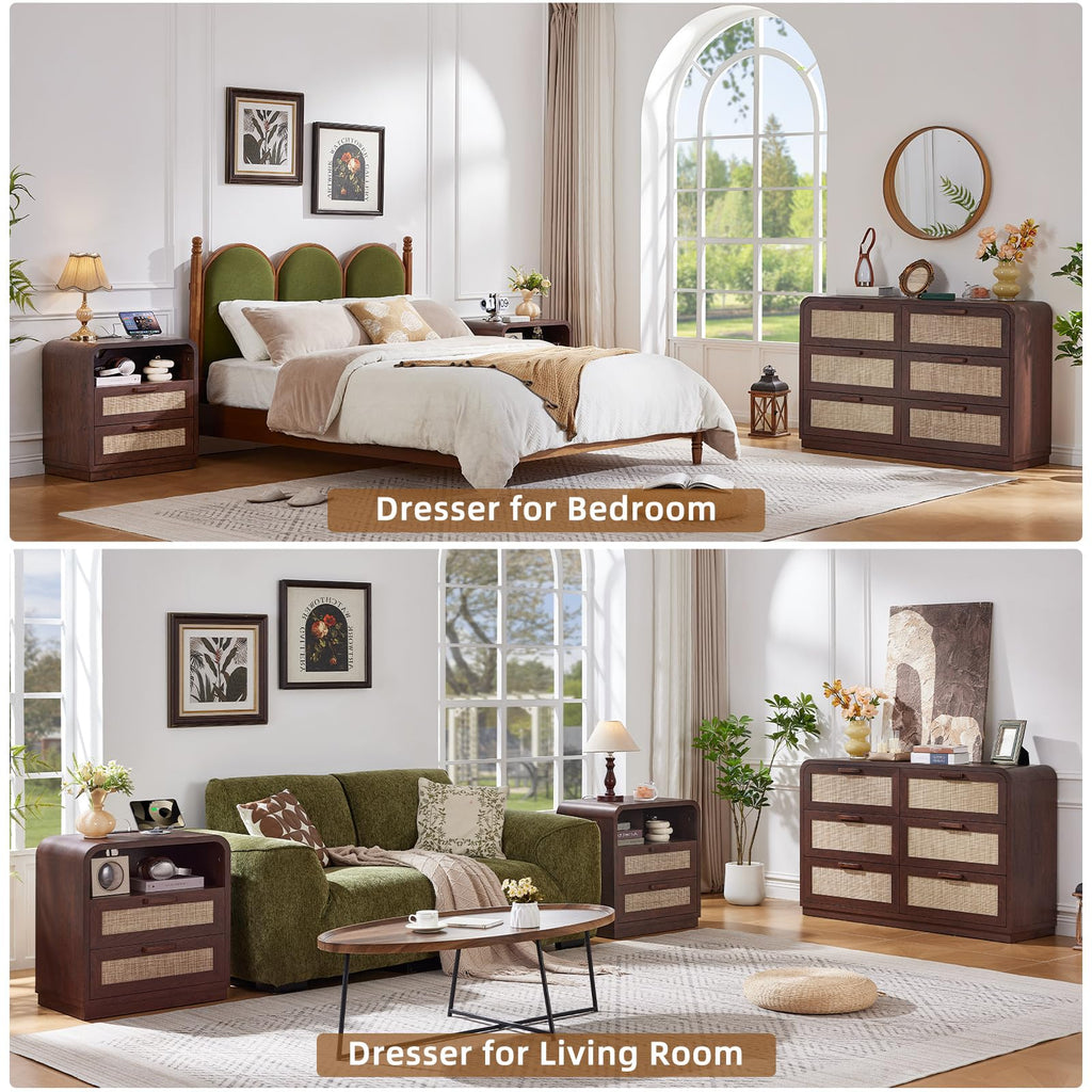 LEYAOYAO Curved Boho Dresser & Nightstand Set of 3, Natural Wood