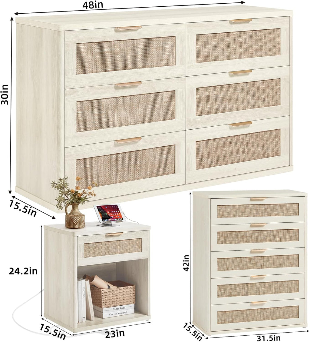 LEYAOYAO Rattan Dresser and Nightstand Sets 4 Piece, Grey White