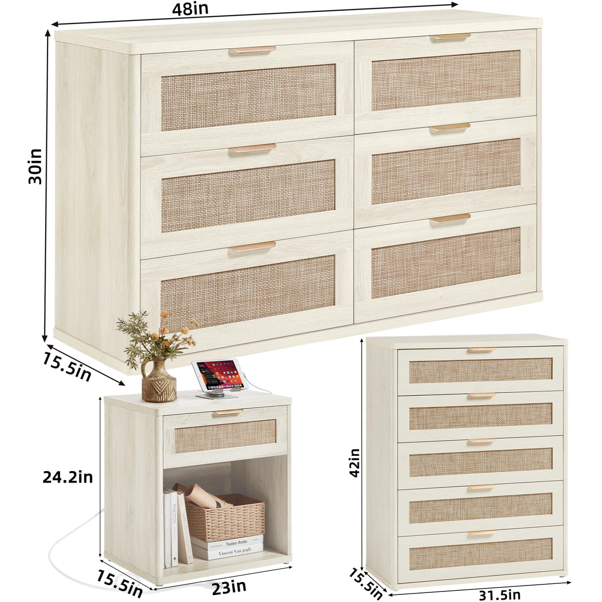 LEYAOYAO Rattan Dresser and Nightstand Set of 3, Boho Wood Dresser for Bedroom with 6 Drawers and Night Stand with Charging Station, Bedroom Furniture, Dressers & Chests of Drawers,Hallway,Living Room