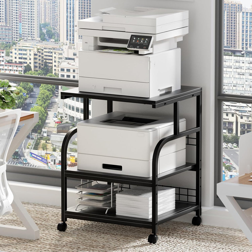 Lerliuo 3 Tier Black Large Printer Stand with Adjustable Storage Shelf