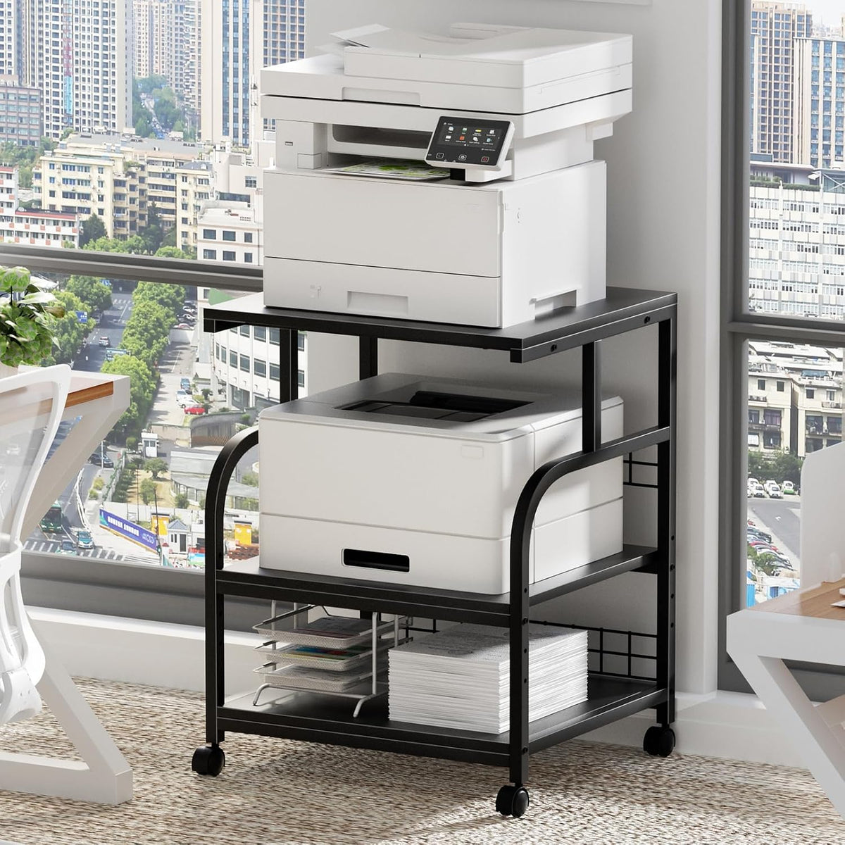 Lerliuo 3 Tier Black Large Printer Stand with Adjustable Storage Shelf