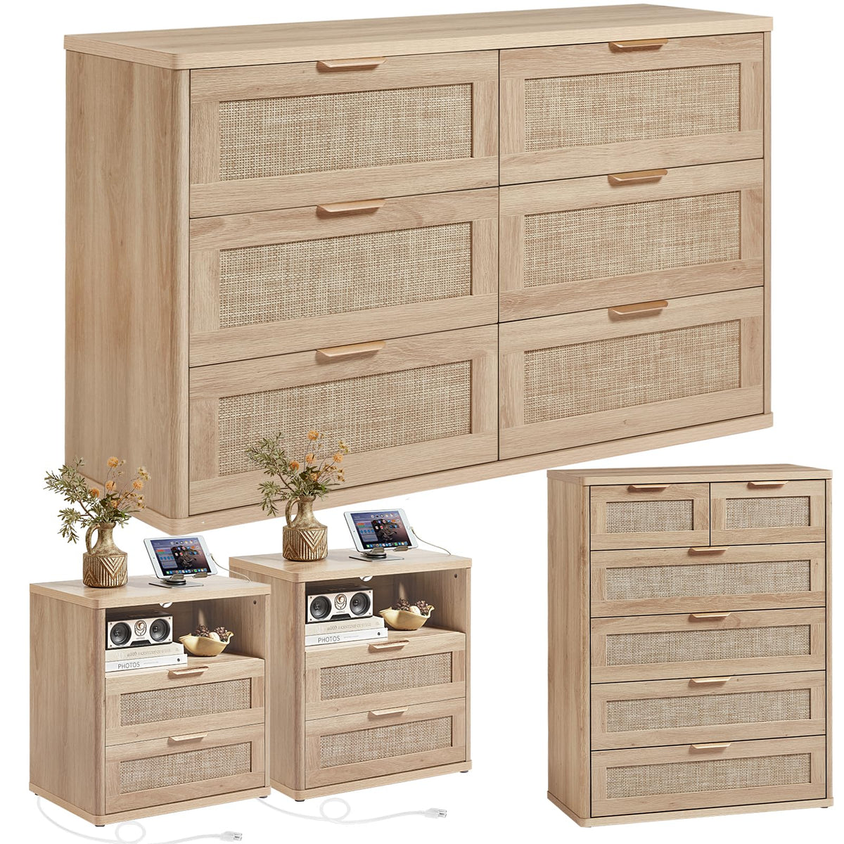 LEYAOYAO Rattan Dresser and Nightstand Sets 4 Piece, Natural