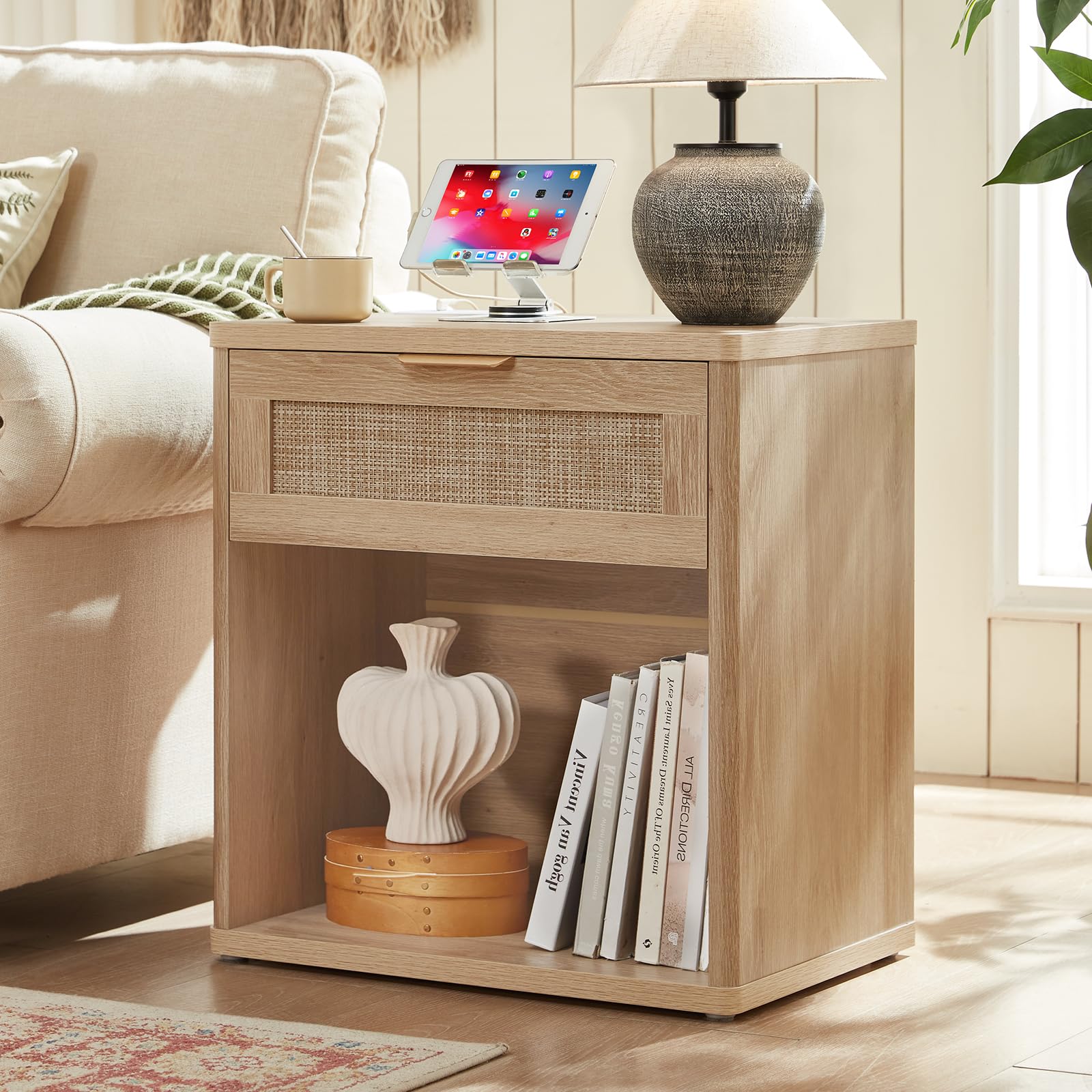 LEYAOYAO Rattan Nightstand Set of 2 with Charging Station, 1 & 2 Drawers Boho Night Stand Dresser for Bedroom, Natural Wood Bedside Table Open Storage Cabinet, Bed Side End Tables, Living Room,Hallway