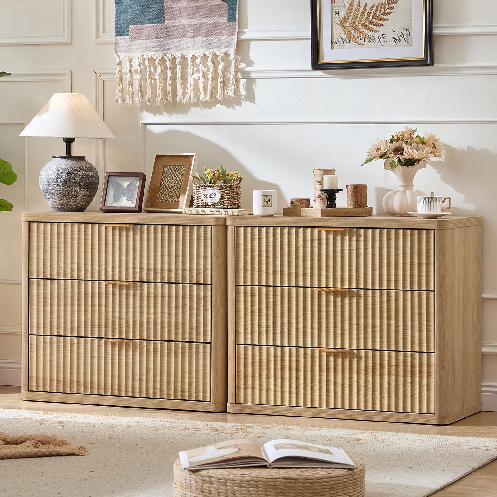 LEYAOYAO 31" Wide Fluted Nightstand with Charging Station, Oversized Extra Large 1 Drawer Night Stand with Golden Handle, Antique White Bedside Table Tall End Tables,for Bedroom, Living Room, Hallway