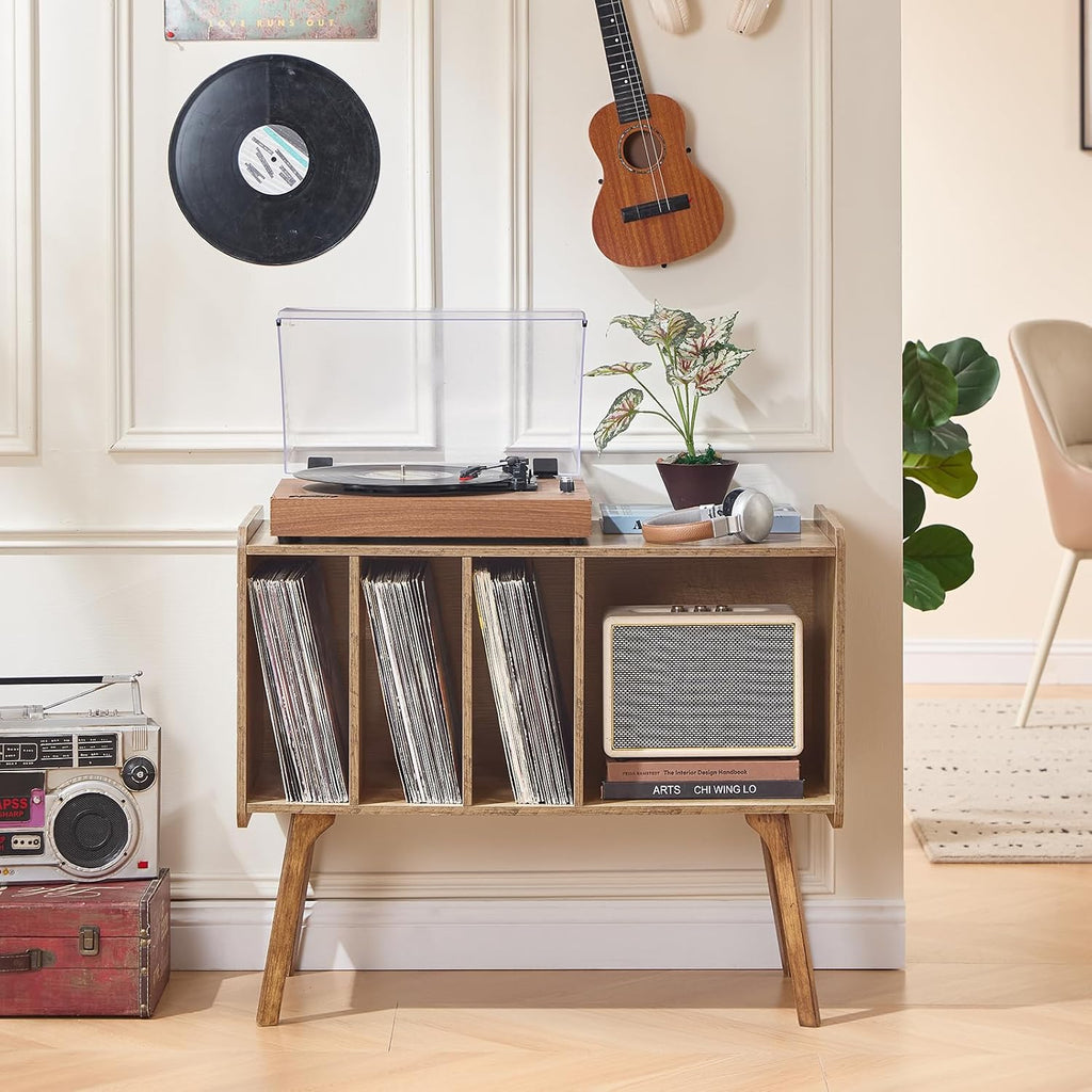 Lerliuo Record Player Stand with 4 Cabinet Holds Up to 220 Albums,Oak