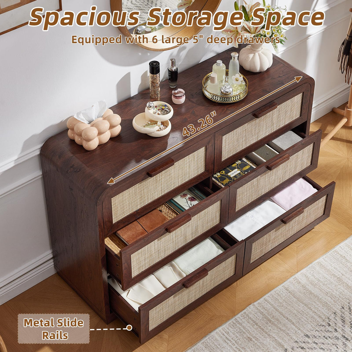 LEYAOYAO Curved Boho Dresser & Nightstand Set of 3, Natural Wood