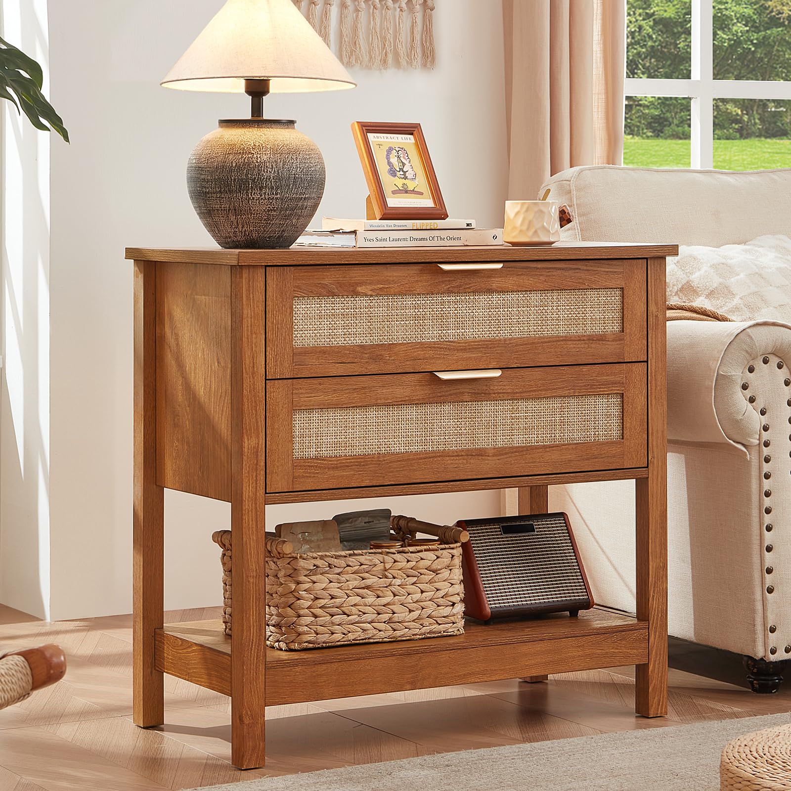LEYAOYAO 26.8" Wide Rattan Nightstands Set of 2, Large Boho Night Stand