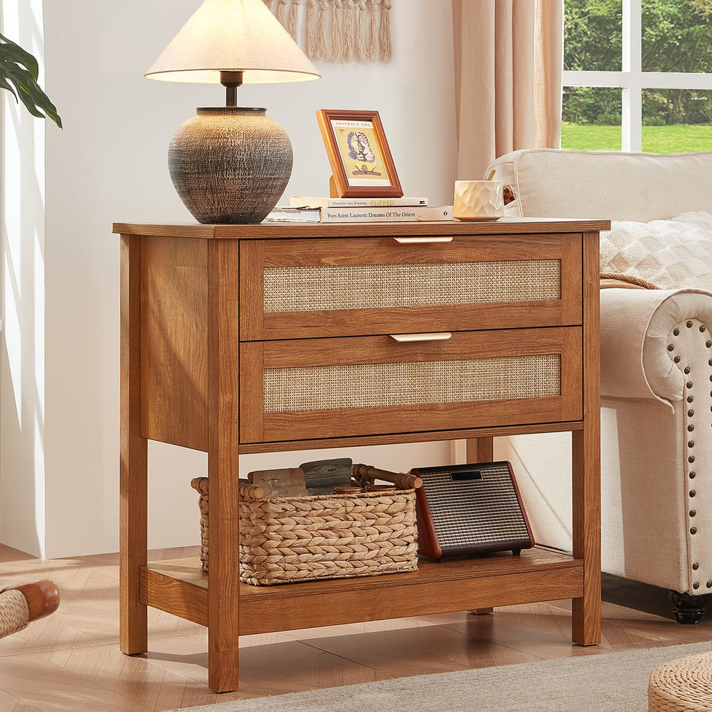LEYAOYAO 26.8" Wide Rattan Nightstands Set of 2, Large Boho Night Stand