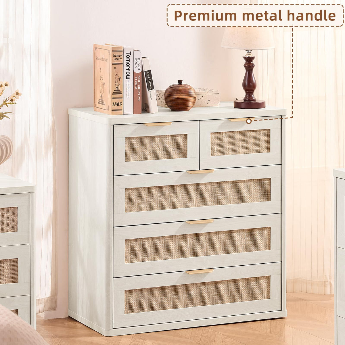 LEYAOYAO Rattan Dresser and Nightstand Sets 4 Piece, Boho Wood Dresser for Bedroom with 6 Drawers and Night Stand with Charging Station, Bedroom Furniture, Dressers & Chests of Drawers, Hallway