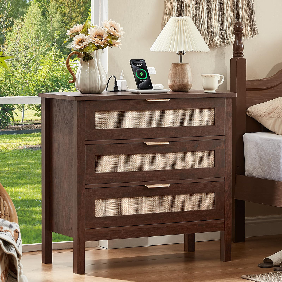 LEYAOYAO 26.8" Wide Rattan Nightstands Set of 2, Large Boho Night Stand