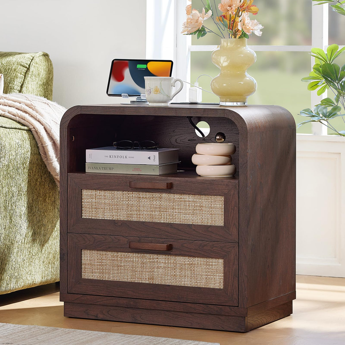 LEYAOYAO Curved Boho Dresser & Nightstand Set of 3, Natural Wood