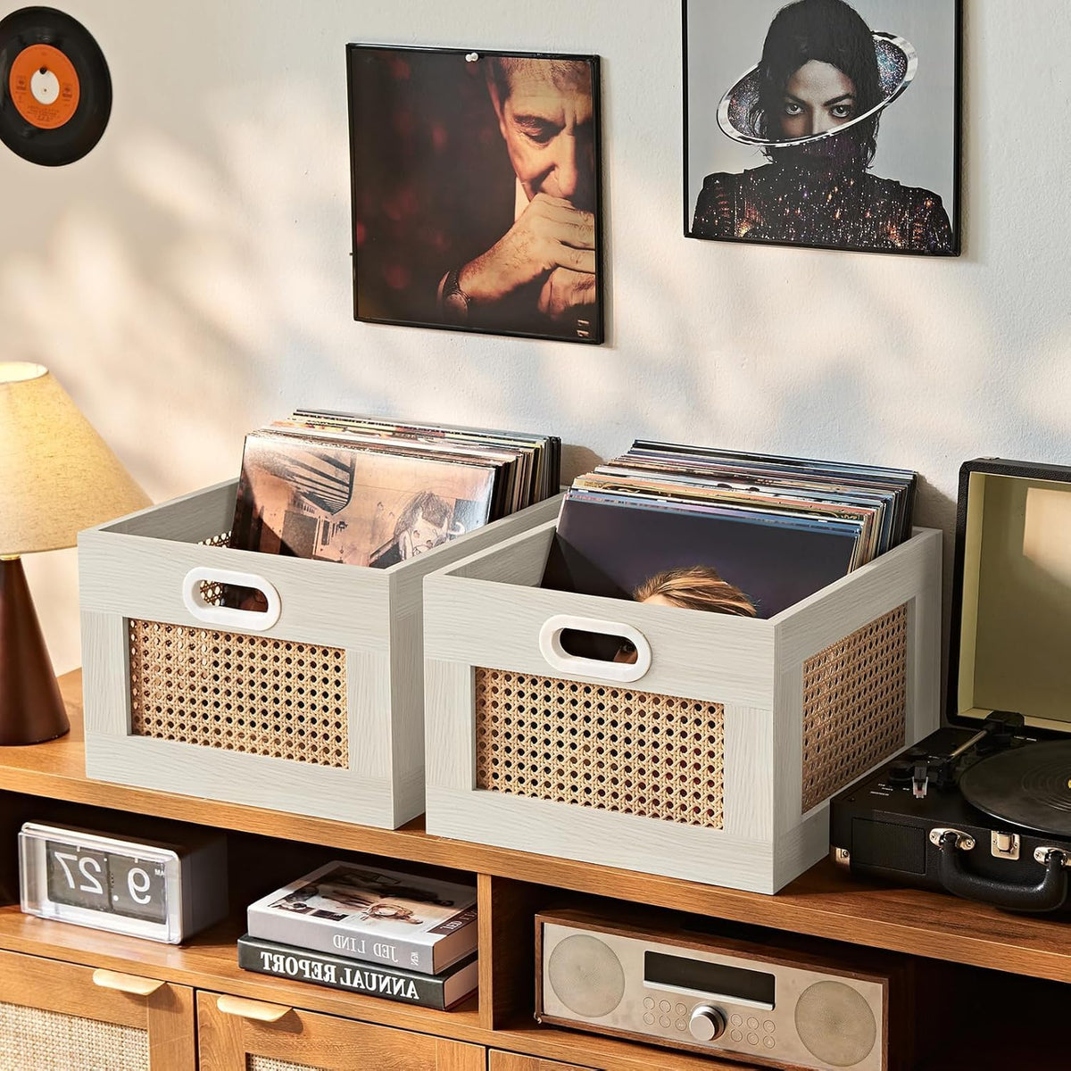 LEYAOYAO Vinyl Record Storage, Rattan Record Crate for Vinyl Albums Holder
