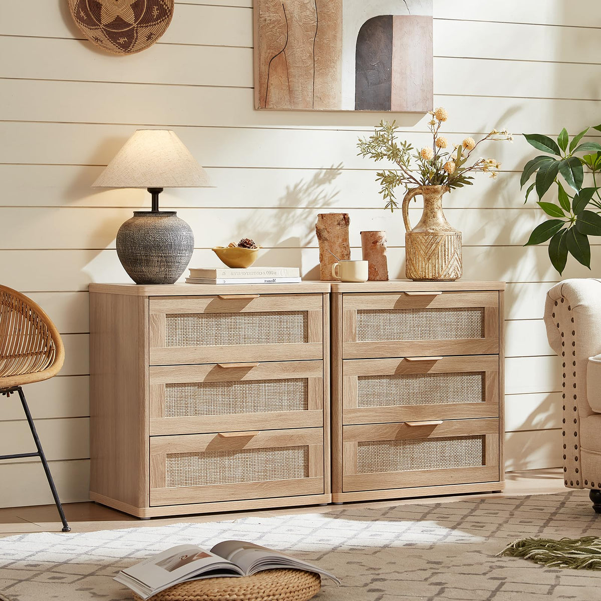 Lerliuo Rattan NightStand with Charger Station, 23" Wide Boho Bedside Table with Drawers, Natural Wood Night Stand Open Storage Cabinet, Bed Side End Table Dresser for Living Room, Hallway, Bedroom