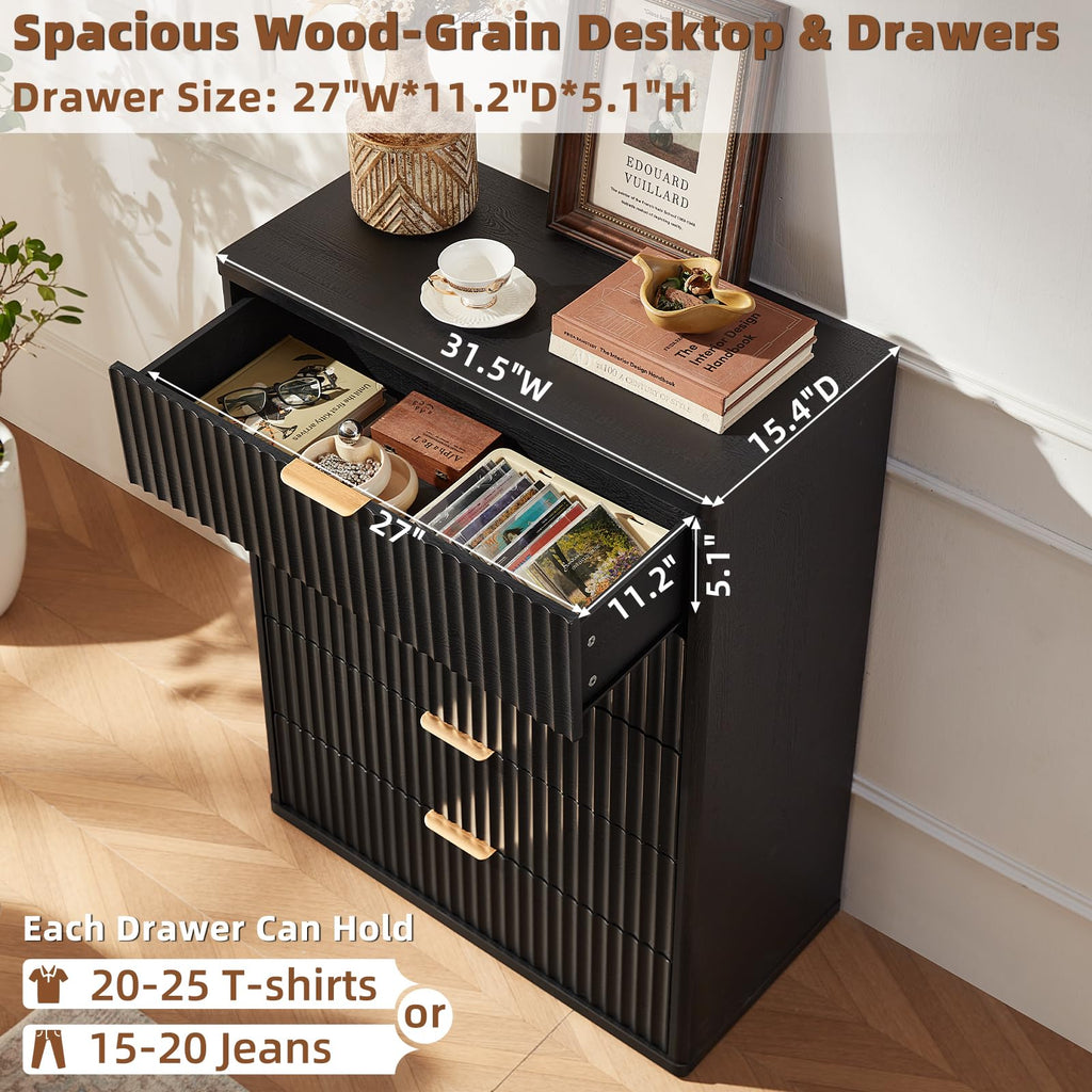 LEYAOYAO Fluted 5 Drawers Dresser for Bedroom, 41" Tall Modern Chest of Drawers with Metal Handle, Curved Profile Design,Natural Wood Drawer Organizer for Bedroom, Living Room, Hallway, Entryway