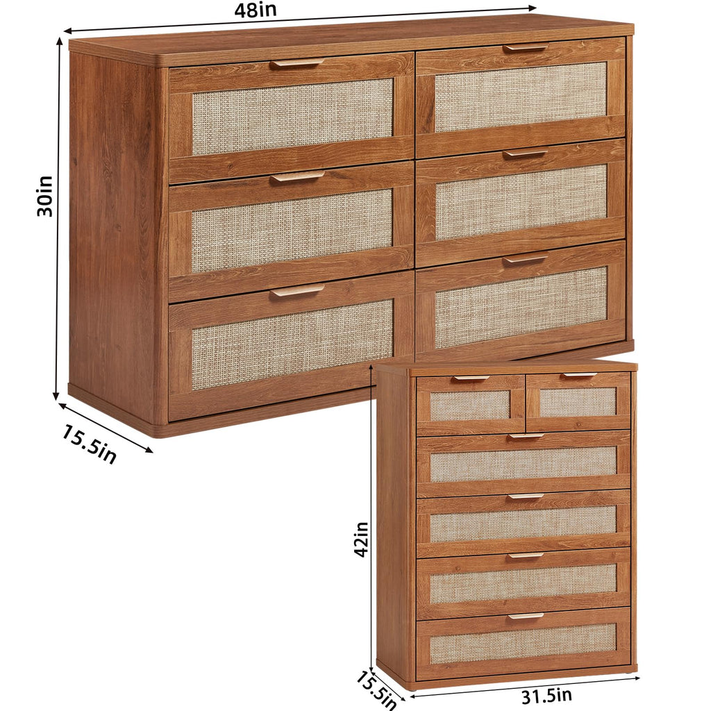 LEYAOYAO Rattan Bedroom Dresser Set of 2, Boho Wood 48" Wide 6 Drawers Dresser for Bedroom and 31.5" Tall 5 Drawers Dressers, Bedrooms Furniture, Dressers & Chests of Drawers, Living Room, Hallway