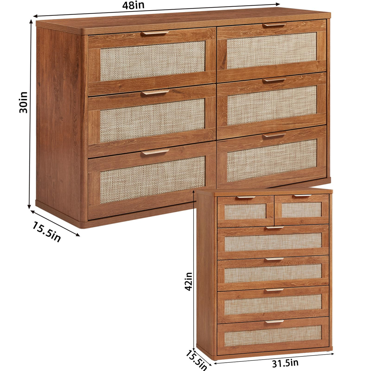 LEYAOYAO Rattan Bedroom Dresser Set of 2, Boho Wood 48" Wide 6 Drawers Dresser for Bedroom and 31.5" Tall 5 Drawers Dressers, Bedrooms Furniture, Dressers & Chests of Drawers, Living Room, Hallway