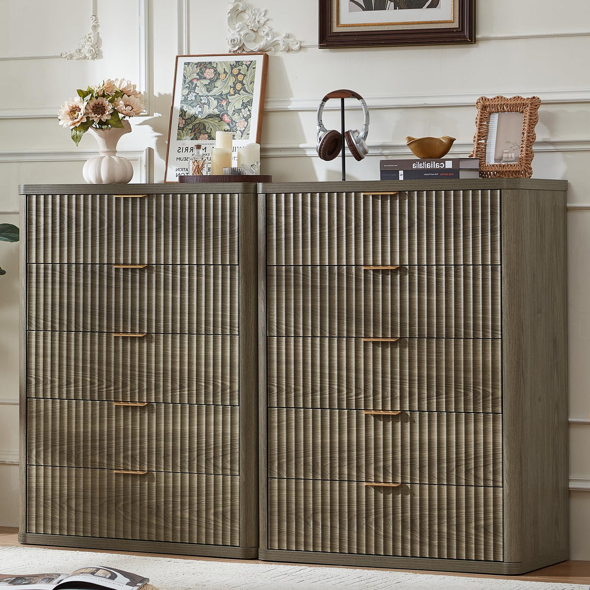 LEYAOYAO Fluted 5 Drawers Dresser for Bedroom, 41" Tall Modern Chest of Drawers with Metal Handle, Curved Profile Design,Natural Wood Drawer Organizer for Bedroom, Living Room, Hallway, Entryway