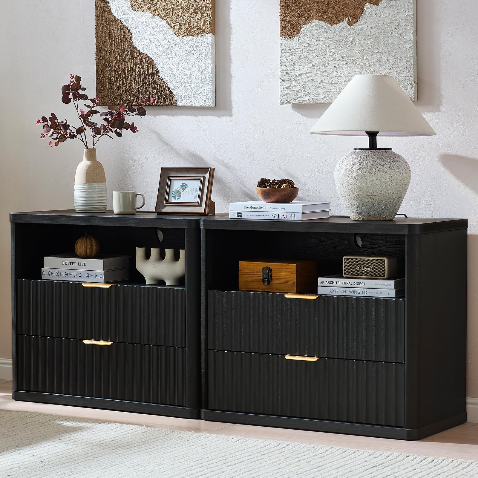 LEYAOYAO 31" Wide Fluted Nightstand with Charging Station, Oversized Extra Large 1 Drawer Night Stand with Golden Handle, Antique White Bedside Table Tall End Tables,for Bedroom, Living Room, Hallway