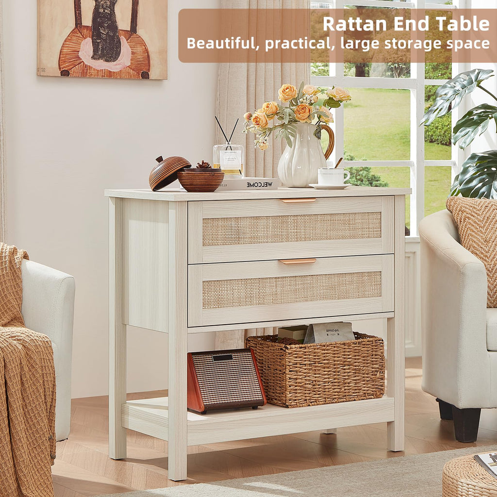Lerliuo 31.5" Wide Rattan Nightstand,Oversized Large Boho Night Stand with 2 Drawers, 30" Tall Grey White Bedside Table with Storage Shelf, Bed Side End Tables for Bedroom, Living Room, Hallway