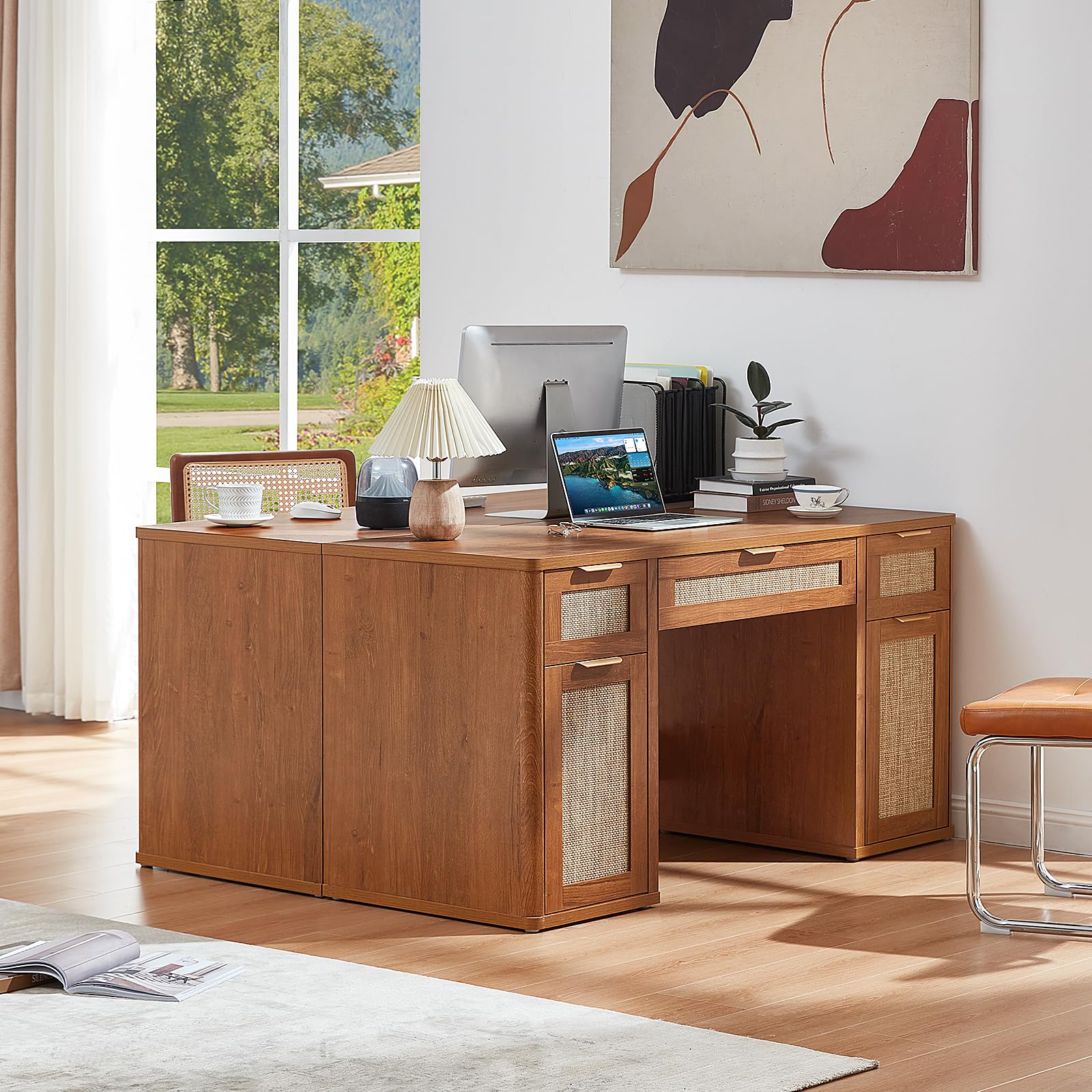 LEYAOYAO Office Desk 56" with 5 Drawers Storage File Cabinet, Natural