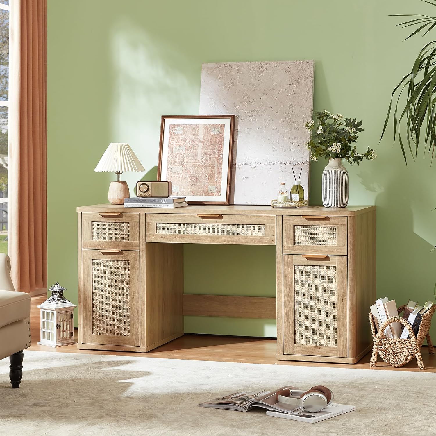LEYAOYAO Office Desk 56" with 5 Drawers Storage File Cabinet, Natural