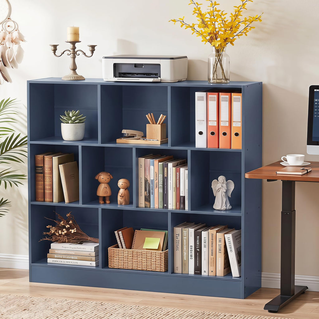 LEYAOYAO 7 Cube Bookshelf with Base,3 Tier Mid-Century Modern Blue Bookcase,Standing Wide Bookshelves Storage Organizer Shelf,Rustic Wood Display Cabinet Book Shelves for Bedroom,Living Room,Office
